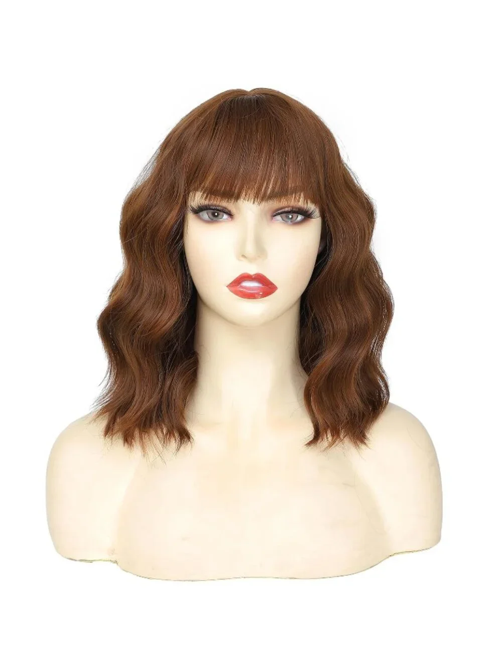Women's Auburn Brown 14 Inch Heat Resistant Short Wavy Hair Pastel Bob Wig Bangs